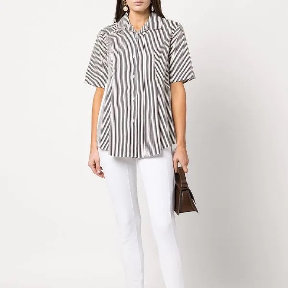 NWT Adam Lippes Brown White Stripe Short Sleeve Poplin Button Down Top - 8 - Picture 2 of 7